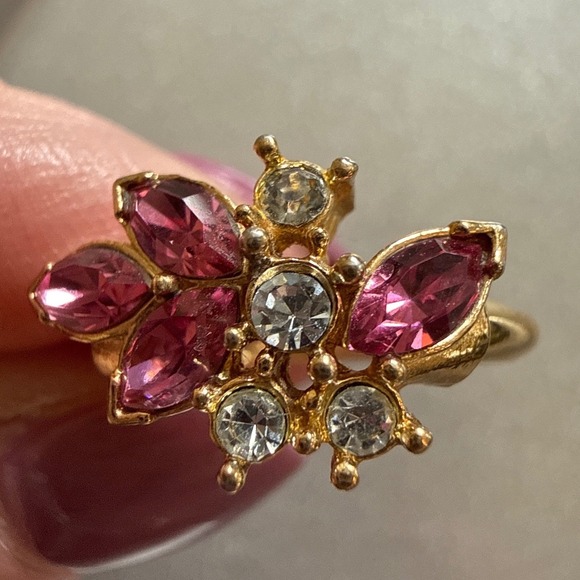 Avon 1976 VTG Gold Tone Pink champagne Marquise Rhinestone Cluster cocktail Ring - Picture 6 of 10